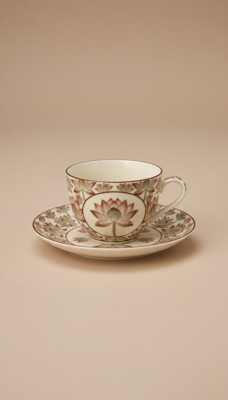 Lotus motif porcelain cup and saucer set